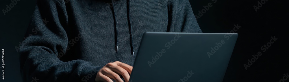 Poster person in black hoodie using laptop in dim light with focused expression displaying modern technolog