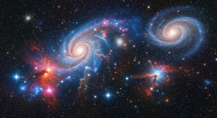 A stunning display of interacting spiral galaxies, featuring vibrant colors and countless stars against a deep black backdrop.