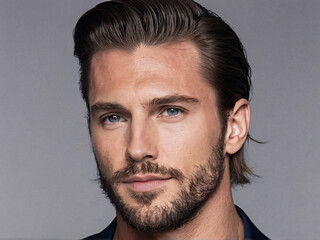 Modern messy slick back hairstyle on Caucasian man with beard
