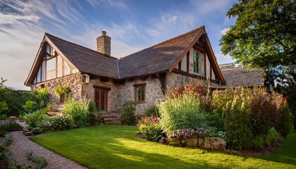 rustic cottage with stone walls wooden beams surrounded by a lush garden