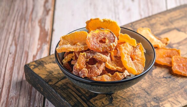 A bowl of dried peach slices, vibrant orange in color, sitting on a wooden table with a light, natural background. Ideal for snack packaging, natural fruit promotions