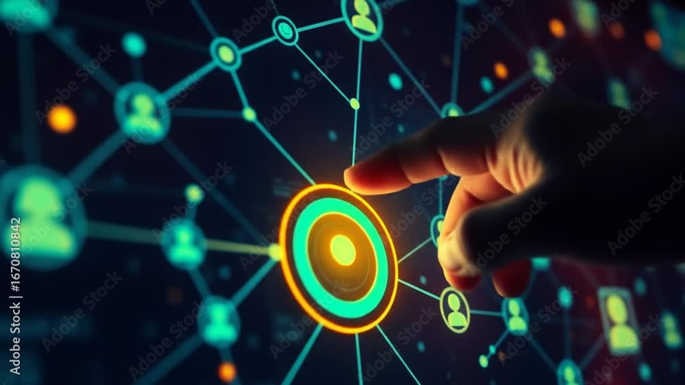 Poster hand touching a glowing target icon on a futuristic digital interface with network nodes and connect