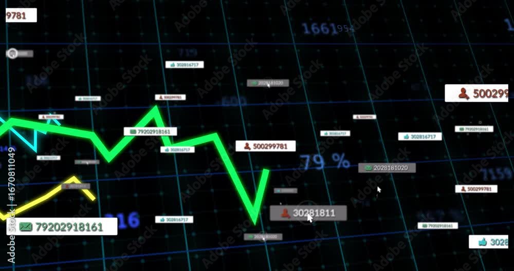 Aufkleber dark grid overlay appearing colored line charts rising and waving while labels showing data trends