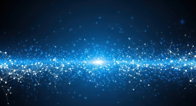 Abstract digital network with glowing blue connections and particles on dark background. Neural networks, blockchain, and global communication systems