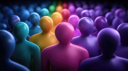 Bright abstract humanoid forms creating a vivid colorful spectrum in a large gathering representing diversity inclusion and community connection.