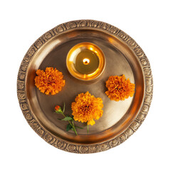 Puja thali with marigold flowers and diya on transparent background