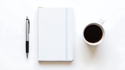 Overhead view of a blank notebook pen and coffee cup on a white surface perfect for notes or work