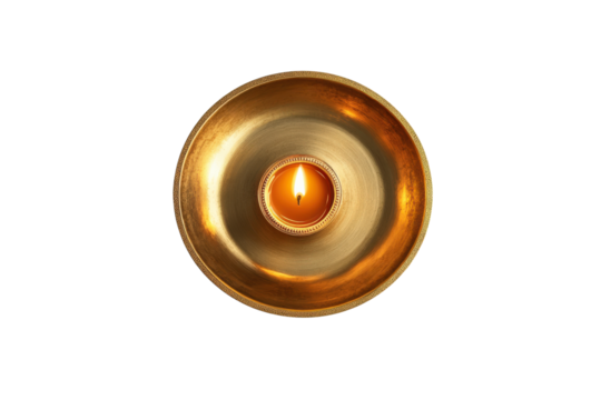 Brass diya oil lamp with burning flame top view isolated on transparent background