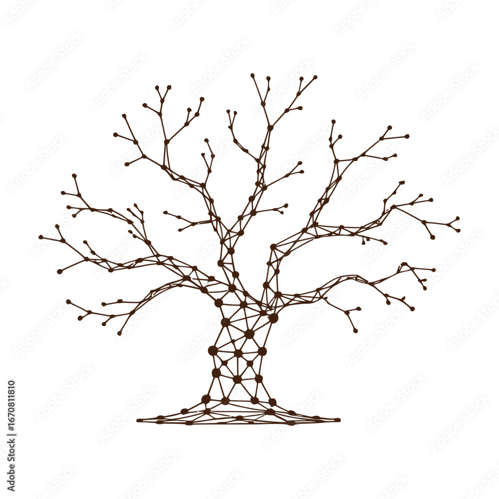 Poster vector art of stylized brown tree made of interconnected dots and lines, symbolizing network, connec