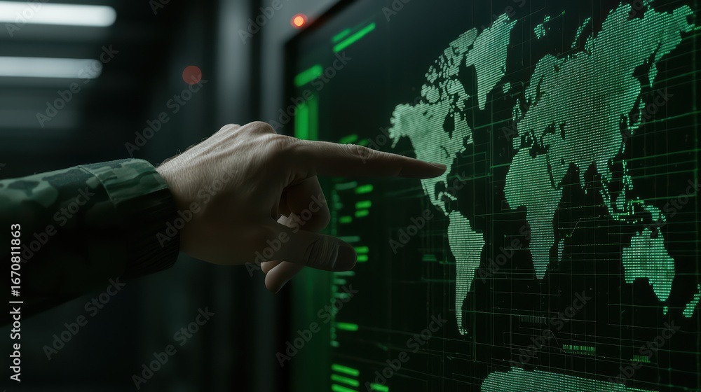 Poster hand pointing at digital map on screen displaying global data and information in high-tech environme