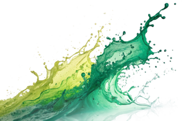 Green and yellow paint splashing on transparent background forming dynamic colorful wave effect for creative templates, digital graphics or modern design projects..