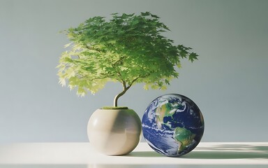 Lush green plant in pot with earth globe symbolizing environmental protection and growth