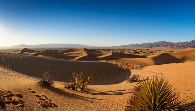 rolling desert hills covered in golden sand cactus plants casting long shadows wide sky above with no clouds endless arid landscape stretching into the horizon