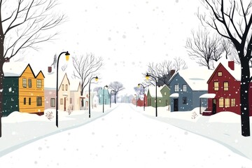 Fototapeta premium Snow is falling on a quiet residential street with colorful houses, creating a cozy winter scene