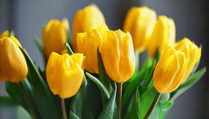 Naklejka premium minimalist spring yellow tulip bouquet close up photography shallow depth of field