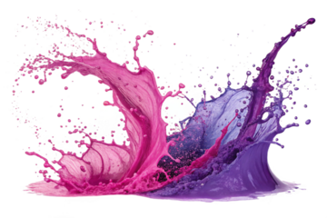 Pink and purple paint splash collision forming dynamic explosion effect on transparent background suitable for creative design templates or colorful digital graphics..