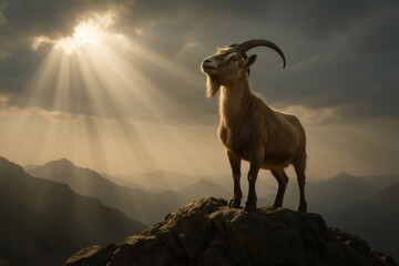 Fototapeta premium Majestic wild goat standing on a rocky mountain peak, enjoying the breathtaking sunset view with sun rays filtering through the clouds