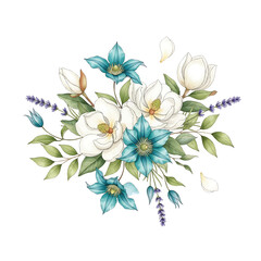 Watercolor floral bouquet illustration, Elegant spring flower arrangement, Hand-painted magnolia and clematis design