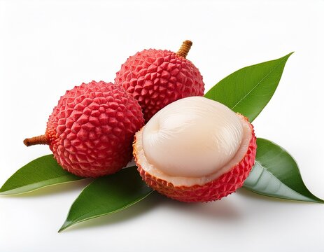juicy lychee fruit with red skin white flesh and green leaves isolated on white white background concept of tropical fruit