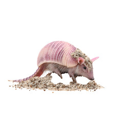 A charming pink fairy armadillo digs in sandy soil with curiosity.