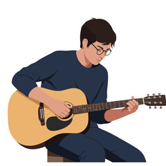 Obraz premium Young man playing acoustic guitar in casual clothes sitting and concentrating on music vector illustration 