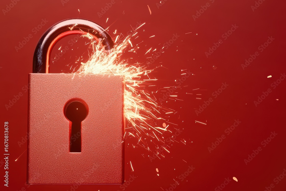 Poster bright sparks erupting from a red padlock on a bold red background in a concept of security and prot
