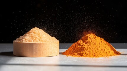 Close-up photo of brown sugar and turmeric powder with black background