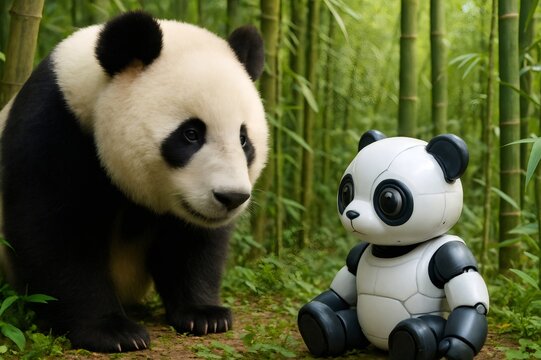 Real panda looking at a panda robot in a bamboo forest, exploring themes of nature, technology, and artificial intelligence