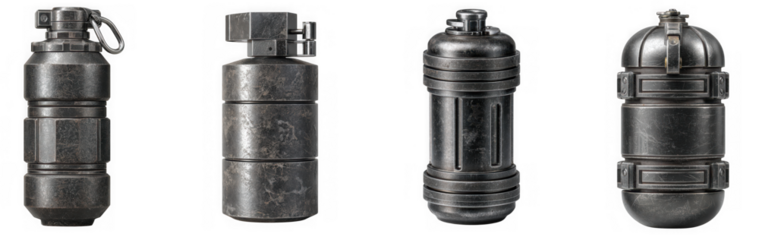 Four metallic cylindrical containers with intricate detailing and caps, isolated on transparent background