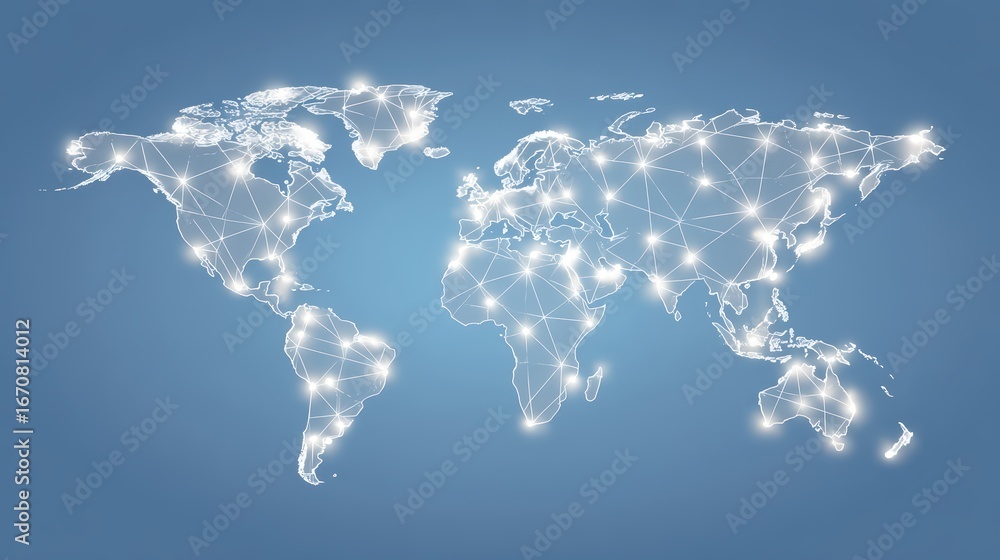 Poster global connectivity concept with world map featuring digital network connections and light connector