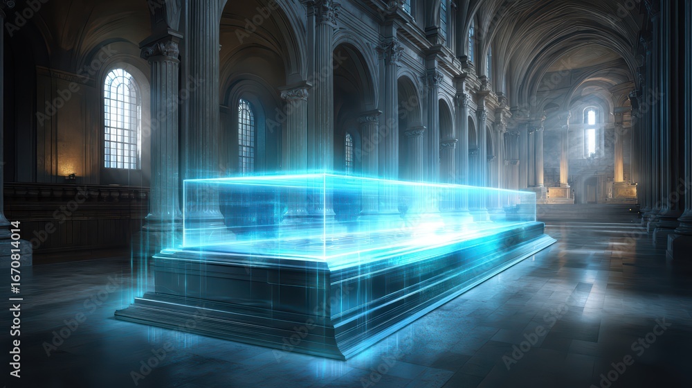 Poster futuristic transparent display in an ancient architectural setting with dramatic lighting effect