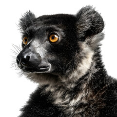 Obraz premium Intriguing portrait of a black lemur with striking amber eyes, looking intently into the distance.