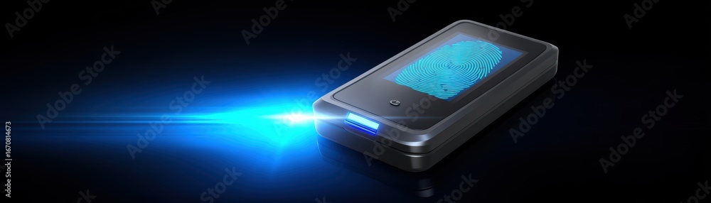 Aufkleber high-tech security device with fingerprint scanner and led light on dark background