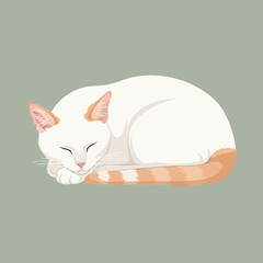Sleeping white cat with orange ears and tail resting quietly on gray background vector illustration 