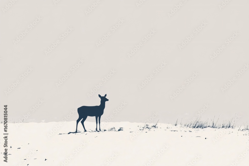 Poster dark silhouette of a deer standing in a snowy field with dry grass, creating a minimalist and elegan
