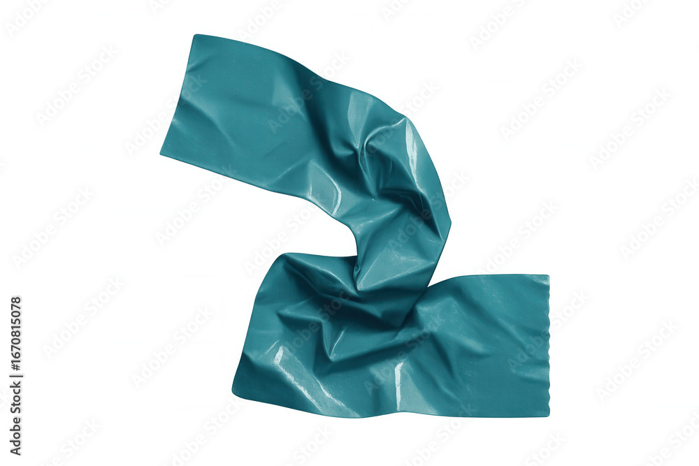 Poster crumpled piece of teal adhesive tape isolated on a transparent background, creating a textured and a