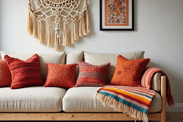 Cozy living room sofa with textured pillows couch interior