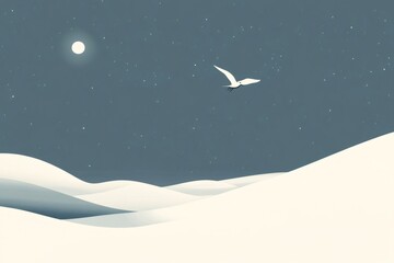 Minimalist illustration of a snowy landscape with hills and a seagull flying under the moon and stars
