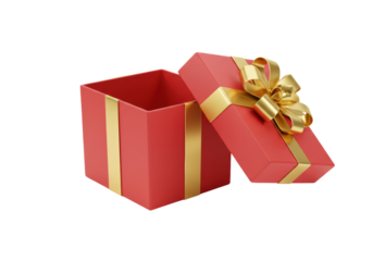 Isolated open present box with gold ribbon bow, holiday season greeting card concept design