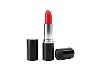Isolated red lipstick with cap off, in container tube, beauty and personal care product