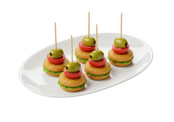 Isolated finger food platter with olive, tomato, bread, and lettuce on white surface