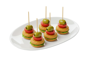 Isolated finger food platter with olive, tomato, bread, and lettuce on white surface