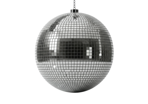 Isolated disco ball reflects light and party atmosphere for dancing and celebration