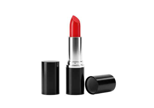 Isolated red lipstick with cap off, in container tube, beauty and personal care product