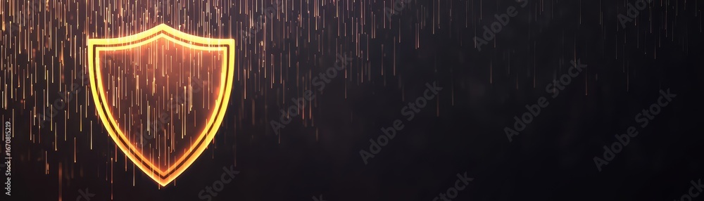 Poster glowing shield symbol on dark background with raindrops and light effects for security and protectio