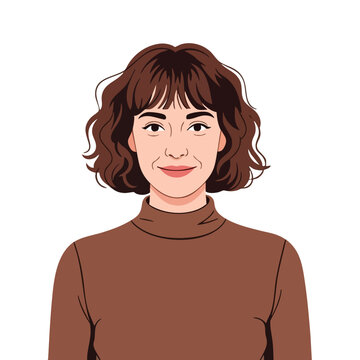 Young woman with curly brown hair wearing brown turtleneck smiling portrait vector illustration 