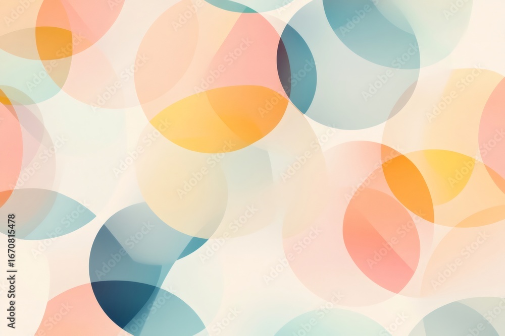 Poster minimalist geometric pattern of overlapping translucent circles in pastel colors, creating a soft an