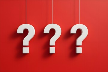 Three hanging white question marks in front of a red wall with copy space - 3D illustration
