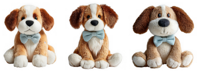Three plush dog toys with brown and white fur and blue bow ties, isolated on transparent background