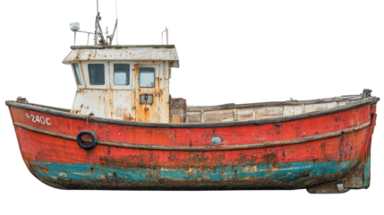 Weathered red and blue fishing boat isolated on transparent background
